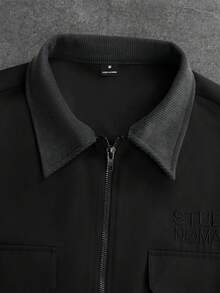 STYNVO 男士纯色拉链口袋刺绣休闲短袖衬衫 - 黑色 - 查看 3