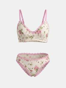 lacRébo Cream Ribbed Knit Lingerie Set With Floral Motif And Pink Contrast Detailing Cute Lingerie Set Triangle Bra And Panty Set - Apricot - View 7