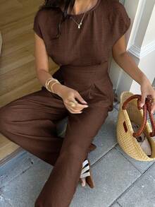 SHEIN EZwear 咖啡棕色通勤梭织上衣和裤子两件套 - 咖啡棕 - 查看 9