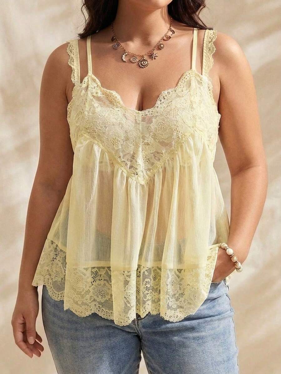 Solflare Áo hai dây và áo tank top mùa hè dành cho nữ cỡ lớn - Màu vàng ngỗng - Xem 1