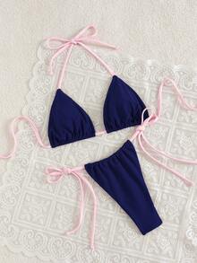 Swim Mod 2件/組 新款夏季純色性感露背掛脖綁帶女式泳衣套裝 - 藏蓝色 - 查看 3