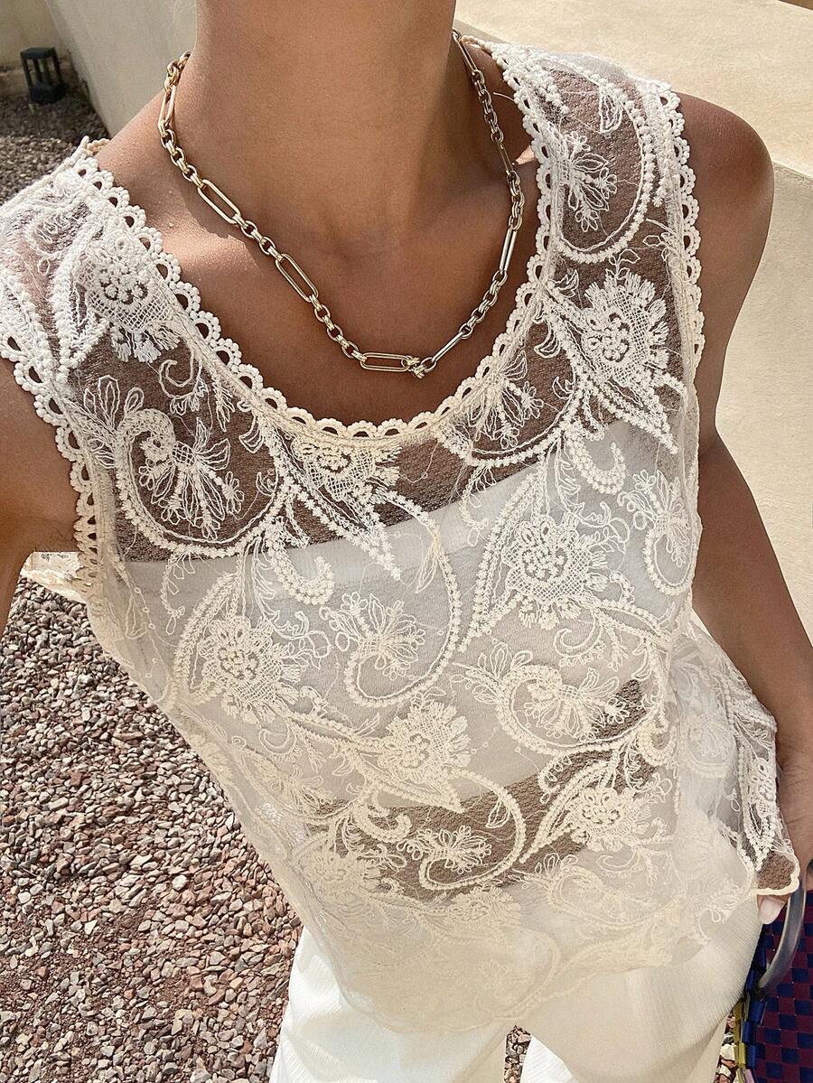DAZY Áo tank top ren móc xuyên thấu lưng dành cho nữ, thích hợp cho kỳ nghỉ hè. - Màu be - Xem 1