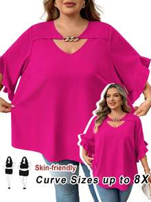 SHEIN CURVE+ Plus Size Women Solid Color Metal Decor Casual Versatile Daily Wear Blouse - Hot Pink - View 12