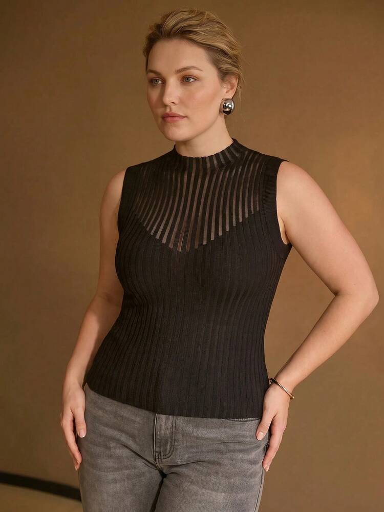 PLUS SIZE WOMEN'S SUMMER STAND COLLAR SHEER RIBBED KNIT TOP