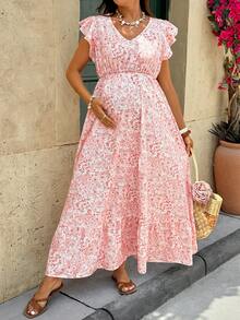 SHEIN Maternity Floral Print V-Neck Cap Sleeve Elegant Maternity Dress For Vacation Photoshoot Summer - Red - View 6