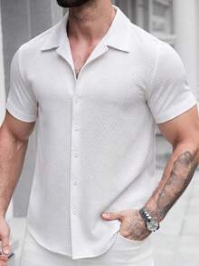 Manfinity Homme 男士單排扣休閒短袖襯衫，正式款 - 白色 - 查看 5