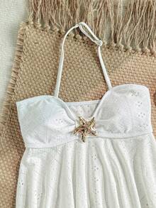 SHEIN Bộ đồ bơi 2 mảnh dành cho bé gái tuổi teen, gồm áo tankini buộc dây cổ và áo tankini tam giác, có họa tiết kim loại. - Màu vàng - Xem 3