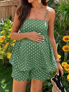 SHEIN Maternity Polka Dot Print Camisole And Adjustable Waist Shorts Casual 2 Pieces Set - Green - View 3