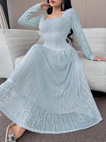 Feyla 女款方領長袖優雅蕾絲中長洋裝 - 淺藍色 - 查看 3