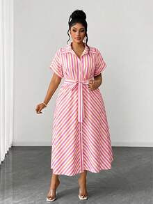 Maweii Plus Size Women Summer Bowknot Decor Pink & White Striped Dress - Hot Pink - View 5