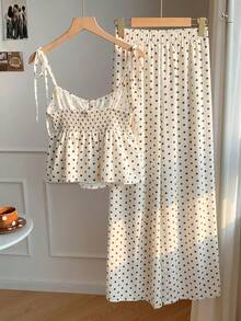 Conjunto de 2 piezas de camiseta de tirantes y pantalones con estampado de lunares, estilo casual de primavera para mujer. Conjunto de 2 piezas de lunares lindo para verano - Amarillo claro - Ver 2