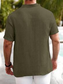 Manfinity Homme Manfinity Nomadique Men's Casual Cotton-Linen Shirt Summer Hengli Collar - Army Green - View 2