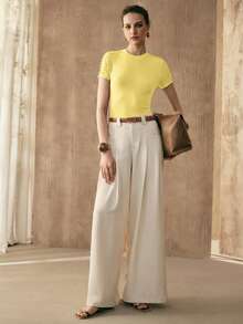 Arave Camiseta de manga corta casual, de fiesta, para citas y vacaciones, con cuello redondo, parches, malla calada y ajustada para mujer - amarillo ganso - Ver 2