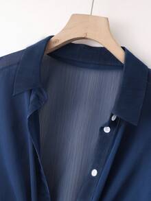 New Women's Casual Solid Color Chiffon Blouse With Short Batwing Sleeves - 海軍藍 - 查看 5