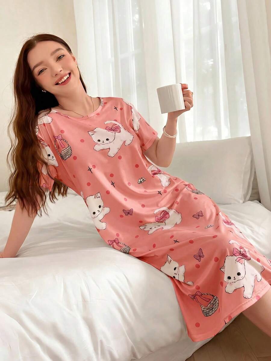 SHEIN 140克牛奶丝数码印花女士睡衣 - 彩色 - 查看 1