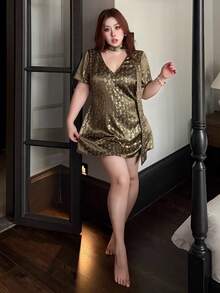 Dazy Plus Shiny Foil Pattern Satin Decorative Scarf Attached Short Waist Cinched Women Nightgown Pajamas - Olive Green - View 5