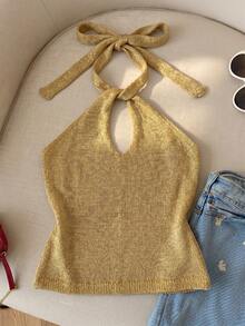 SHEIN Áo croptop cổ yếm màu vàng ánh kim bóng bẩy, thiết kế khoét rỗng tối giản gợi cảm, áo vest dệt kim không tay, trang phục đi nghỉ mát. - Vàng - Xem 3