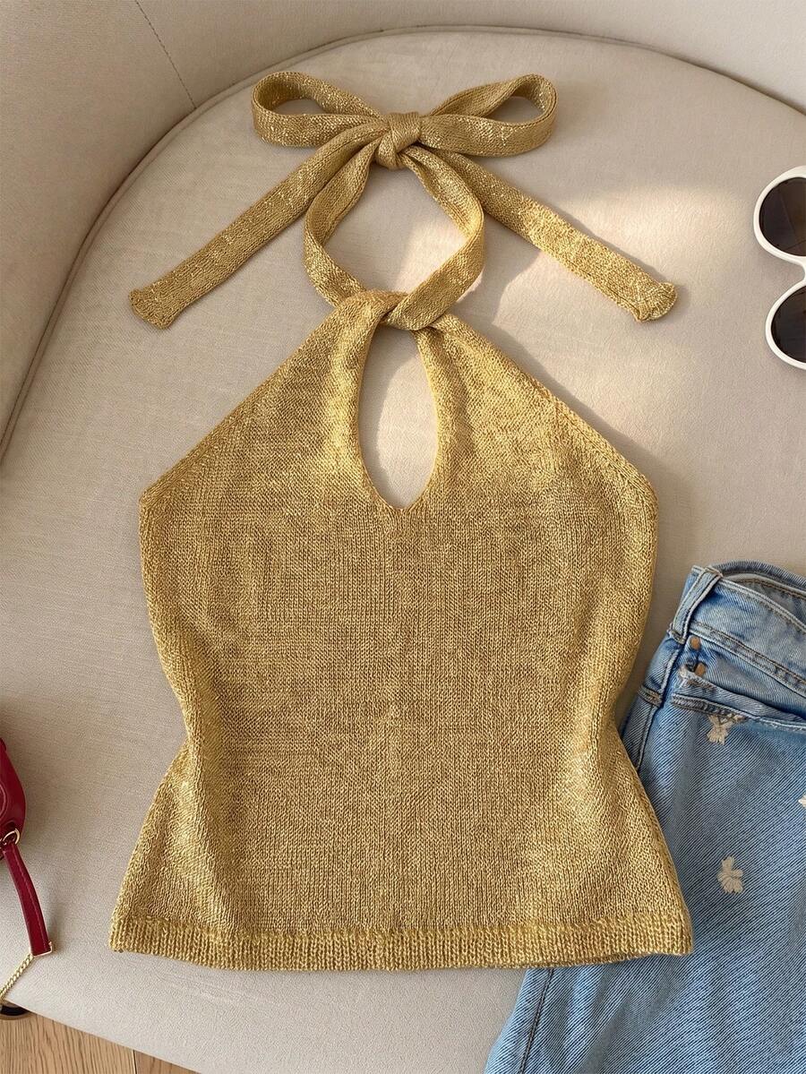 SHEIN Áo croptop cổ yếm màu vàng ánh kim bóng bẩy, thiết kế khoét rỗng tối giản gợi cảm, áo vest dệt kim không tay, trang phục đi nghỉ mát. - Vàng - Xem 1