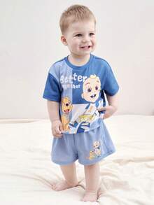 CoComelon X SHEIN Baby Boy Summer Casual Contrast Color Cartoon Print Round Neck Short Sleeve T-Shirt And Shorts Set - Blue - View 6