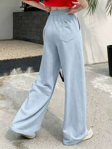 DAZY Pantalones con diseño de cordón y bordado de letras para mujer - Azul - Ver 6