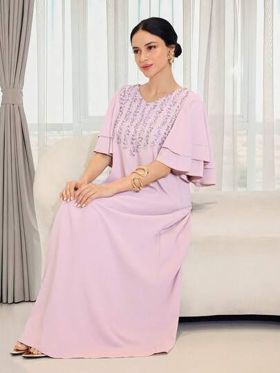 Yasmyna Women's Elegant Floral Embroidery Ruffle Sleeve Arabic Style Dress, Summer