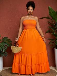 SHEIN CURVE+ Đầm mùa hè Slayr Vacation Casual màu xanh lá cây trơn, không dây vai, cỡ lớn dành cho nữ. - trái cam - Xem 3