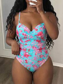 Maweii Plus Size Women's One-Piece Random Print Casual Swimsuit - Mint Green - View 3
