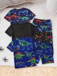 SHEIN Bubblio 6件套睡衣，藏蓝色夜光恐龙印花，圆领短袖上衣+短裤，舒适弹力腰带，四季皆宜，节日必备睡衣礼物，趣味卡通夜光图案，夜间穿着舒适。本产品需紫外线照射才能发光（紧身款）。 - 彩色 - 查看 4