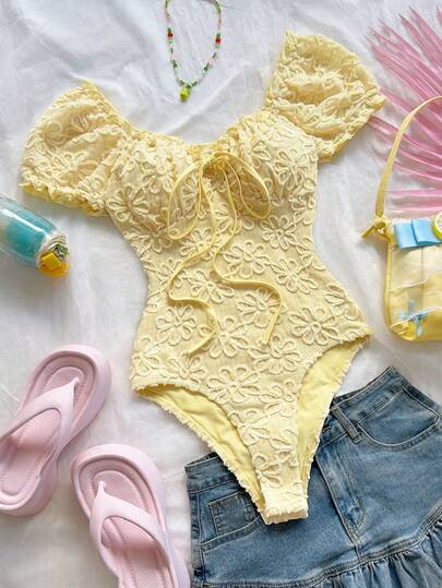 Soleia Bodysuit Feminino de Manga Curta com Amarração Frontal e Textura Floral