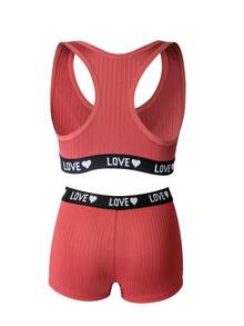 SHEIN 字母提花圓領女款內衣與短褲內衣套裝 - 玫瑰紅 - 查看 2