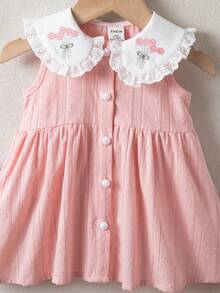 SHEIN Infant Girls' Cute Light Pink Summer Dress Elegant Sweet Embroidered Ruffle Collar Jacquard Fabric Sleeveless Cotton Dress For Parties 0-1 Years Old - Baby Pink - View 4