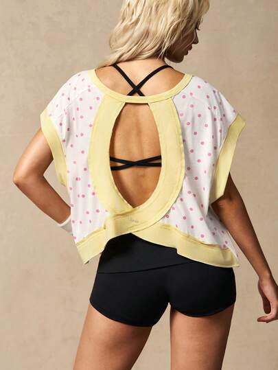 VARSIVA Contrast Trim Polka Dot Print Backless Summer Short Sleeve Sports T-Shirt