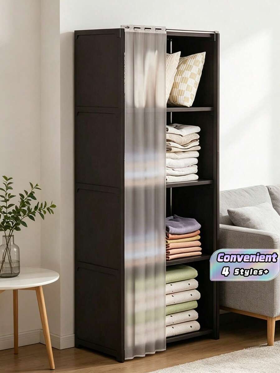 Este armario a prueba de polvo es una unidad de almacenamiento modular y sencilla diseñada para dormitorios del hogar, que ofrece una solución conveniente para organizar ropa, bolsos y artículos similares. - Negro - Ver 1