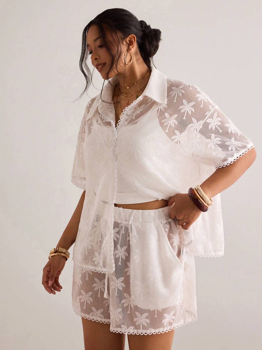 Levarali Plus Size Women Lace Mesh Bohemian Beach Vacation Coverup Set, Cover Up Shirt 2 Pieces Set White Summer - White - View 1