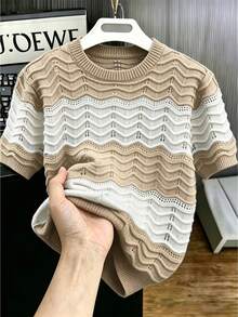 EGENSIO Men's Contrast Color Round Neck Short Sleeve Casual Knit Top - Khaki - View 7