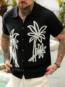VENTUSAIL Men's Palm Tree Pattern Short Sleeve Single-Breasted Knit Top - Black - View 6