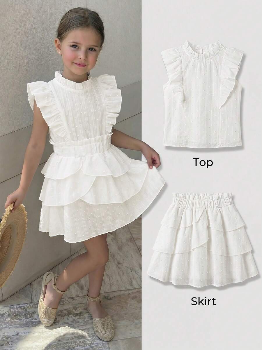 Elladie kids 2pcs/Set Young Girls Summer New Floral Collar Flutter Sleeve Sleeveless Back Open Shirt + Ruffle Hem Skirt White Casual Outfit, Elegant & Cute For Daily, Party, Home Wear