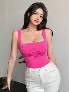 DAZY Ladies' Solid Color Ruched Simple Summer Pink Tank Top - Hot Pink - View 8