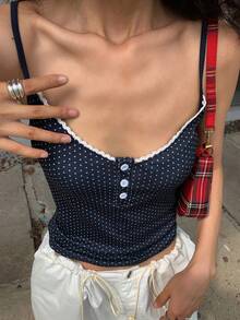 DAZY Lace Patchwork Polka Dot Full Print V-Neck Ladies Camisole Going Out Tops Y2k - Navy Blue - View 6