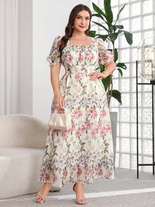 Reflora Gaun Ukuran Besar Elegan Motif Bunga Lengan Mengembang dengan Korset di Pinggang, Musim Panas - MultiWarna - View 5