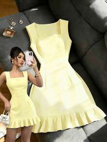 SHEIN Raffinéa Vestido de verano elegante y chic de mujer, de unicolor, con cuello cuadrado, sin mangas y con volantes en el bajo - Amarillo - Ver 1