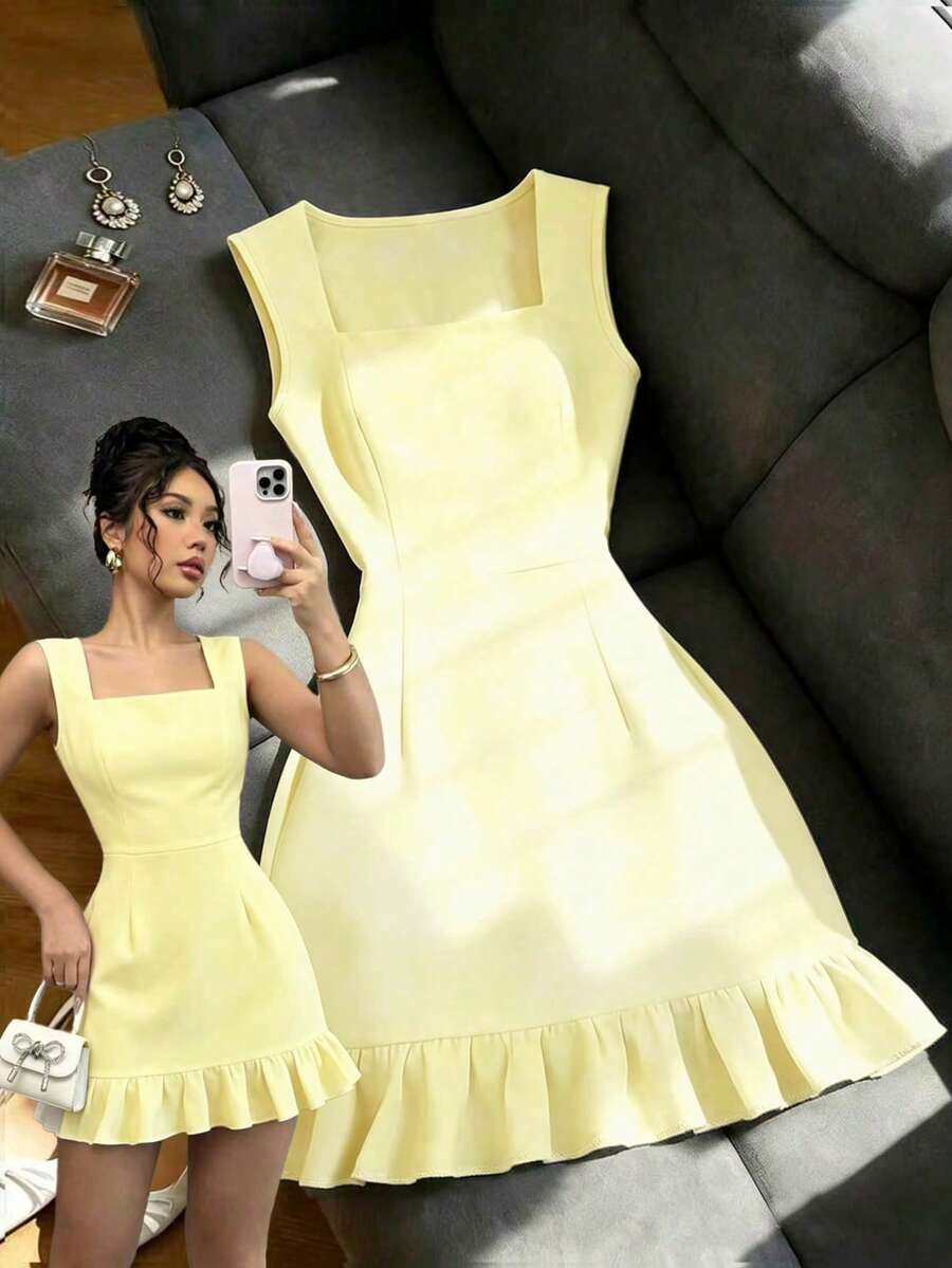 SHEIN Raffinéa Vestido de verano elegante y chic de mujer, de unicolor, con cuello cuadrado, sin mangas y con volantes en el bajo - Amarillo - Ver 1