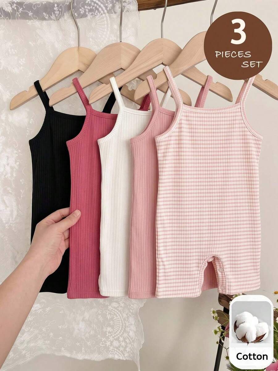 LMoss Kids 3pcs Baby Girl Summer Cute Solid Color Elastic Camisole Romper Set - Multicolor - View 1