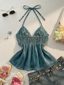 Flirla Trang phục thường ngày, dự tiệc mùa xuân/hè dành cho nữ, họa tiết Paisley phong cách Bohemian, trang trí tua rua vỏ sò, dây áo mảnh thắt nơ. - Màu xanh lá cây đậm - Xem 2