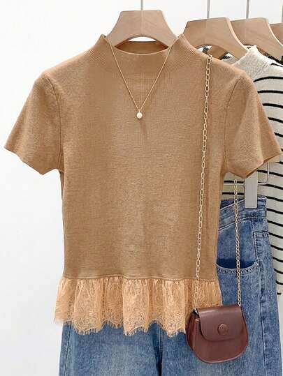 Franclia Women's Lace Trim Knit Top
