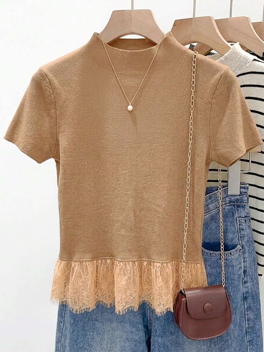 Franclia Women's Lace Trim Knit Top - Camel - View 1