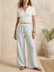 Pantalón Palazzo de Rayas  con Cintura Elástica - Verde Oscuro - Ver 5