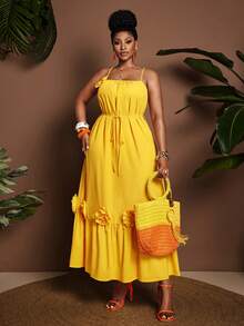 Maweii Vestido de Férias Solto com Aplicação Floral Plus Size, Linha A, Sem Mangas, Primavera/Verão - Amarelo - Visão 8