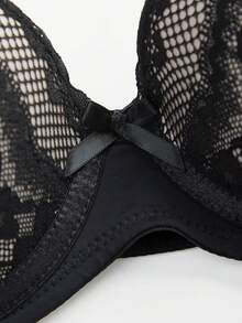 DesireSculpt Lace Patchwork Bow Underwire Bra For Women - Black - View 6
