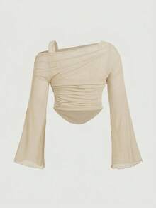 SHEIN MOD Plus Size Women Solid Color Pleated Casual Versatile Daily Wear T-Shirt - Apricot - View 2